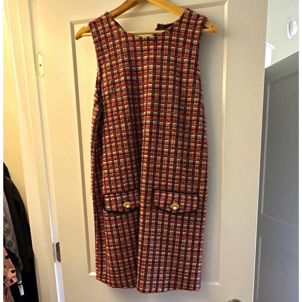 ZARA Multicolor Tweed Plaid Shift Dress M Square Neck Knee Length Lined